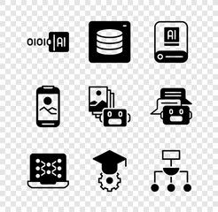 Set Binary code, Server, Data, Artificial intelligence AI, Neural network, Graduation cap, Algorithm, Mobile phone and robot icon. Vector