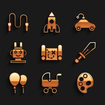 Set Pirate treasure map, Baby stroller, Palette, Sword toy, Balloons, Robot, Radio controlled car and Jump rope icon. Vector