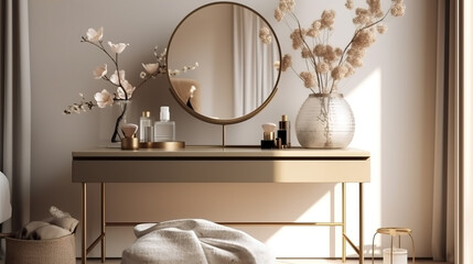 In a sunlit cream-walled bedroom, an empty modern and minimalist beige dressing table with a round vanity mirror steals the show. Its gold handle drawer storage and glass vase with twigs complete the 