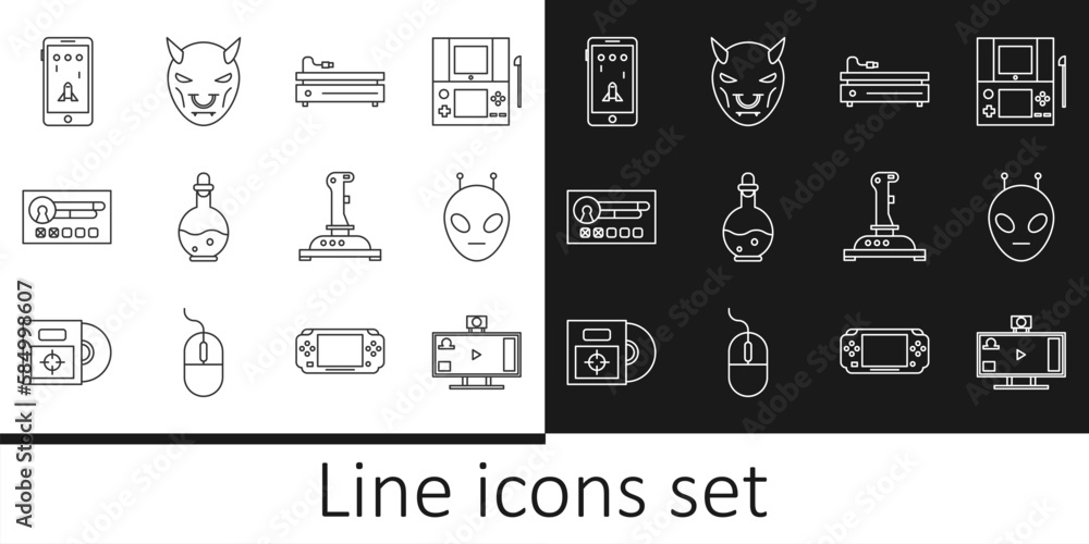 Poster set line live streaming online, alien, video game console, bottle with magic elixir, create account 