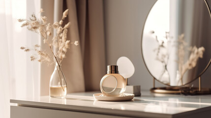 Fototapeta na wymiar In a sunlit cream-walled bedroom, an empty modern and minimalist beige dressing table with a round vanity mirror steals the show. Its gold handle drawer storage and glass vase with twigs complete the 