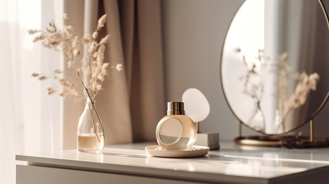 In A Sunlit Cream-walled Bedroom, An Empty Modern And Minimalist Beige Dressing Table With A Round Vanity Mirror Steals The Show. Its Gold Handle Drawer Storage And Glass Vase With Twigs Complete The 