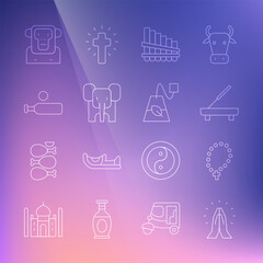 Set line Hands in praying position, Rosary beads religion, Scented spa stick, Pan flute, Elephant, Wood cricket bat ball, Monkey and Tea bag icon. Vector