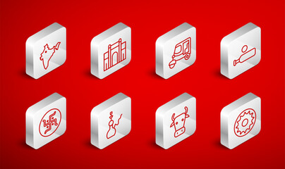 Set line Chakra, India Gate in Delhi, Taxi tuk tuk, Wood cricket bat and ball, Cow, map, Hookah and Hindu swastika icon. Vector