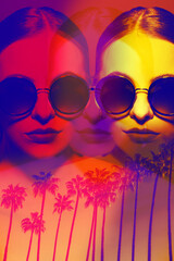 Holiday and style concept. Studio portrait of beautiful woman with classic hairstyle and sunglasses. Model face reflection and palm tree composition. Toned image with purple and yellow colors