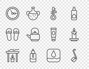 Set line Aroma candle, Sauna ladle, thermometer, Essential oil bottle, clock, Kettle with handle, Water drop and icon. Vector