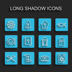 Set line Holy book of Koran, Decree, paper, parchment, scroll, Dharma wheel, Easter egg, Jewish calendar, bible, cake and Muslim Mosque icon. Vector