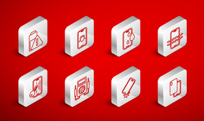 Set line Smartphone, System bug mobile, Waterproof, Shockproof, battery charge, Multimeter and Glass screen protector icon. Vector