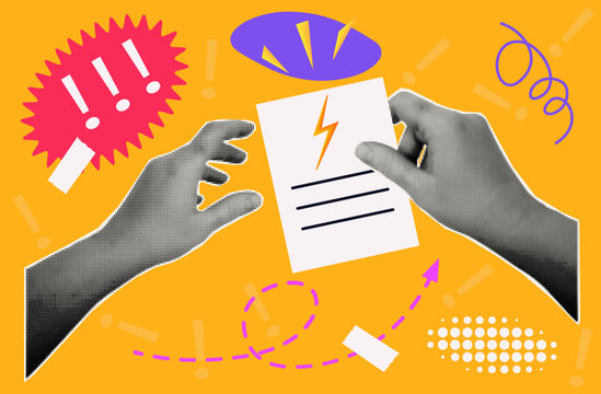 Urgent document, halftone collage. Deadline, fast execution of an important document. A woman's hand holds a paper document, accept the task, follow the instructions. Modern vector advertising poster.