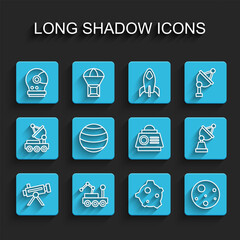 Set line Telescope, Mars rover, Astronaut helmet, Asteroid, Planet, Satellite dish and Space capsule icon. Vector