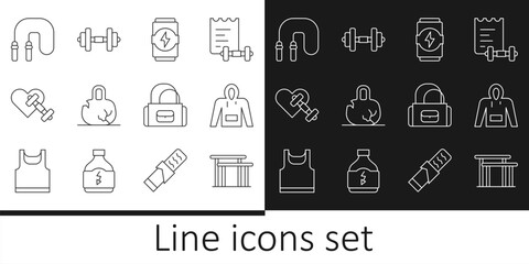 Set line Uneven bars, Hoodie, Energy drink, Broken weight, Dumbbell with heart, Jump rope, Sport bag and icon. Vector