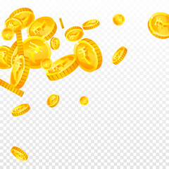 Indian rupee coins falling. Scattered gold INR