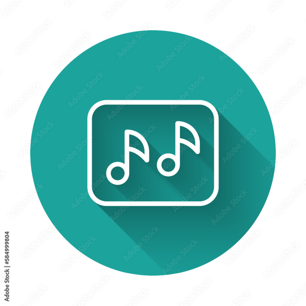 Poster white line music note, tone icon isolated with long shadow background. green circle button. vector