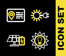 Set line Sun with electric plug, Solar energy panel, and battery and Address book icon. Vector