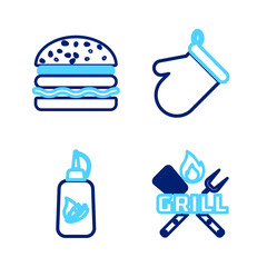 Set line Crossed fork and spatula, Ketchup bottle, Oven glove and Burger icon. Vector