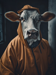 AI generated portrait of animal - a cow in a hoody	
