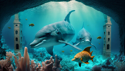 Underwater world with reefs and dolphins. Generative Ai.