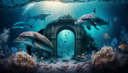Underwater world with reefs and dolphins. Generative Ai.