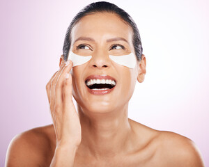 Laughing, skincare and woman eye patches in studio isolated on purple background. Thinking, dermatology cosmetics or funny, face and mature female model with facial mask for anti aging or collagen.