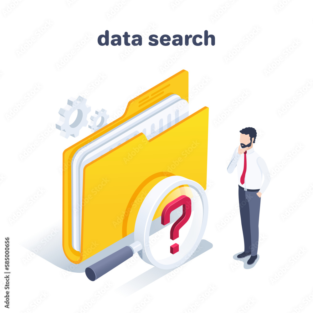 Poster isometric vector illustration on a white background, a man in business clothes looks thoughtfully at