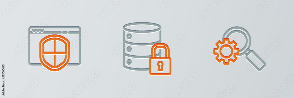 Poster set line magnifying glass and gear, browser with shield and server security lock icon. vector