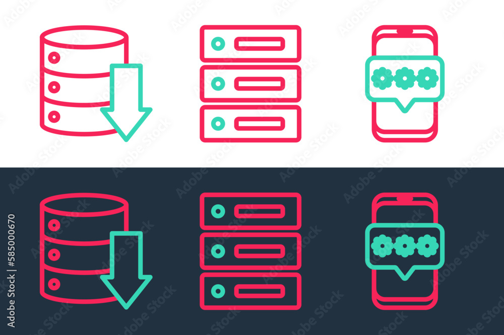 Poster set line mobile and password, server, data, web hosting and icon. vector