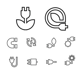 eco icon set, plug icon, leaf icon, electric icon, line icon