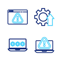 Set line Laptop with exclamation mark, password, Arrow growth gear and Browser icon. Vector