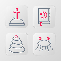 Set line Pastafarianism, Stack hot stones, Holy book of Koran and Tombstone with cross icon. Vector