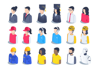 isometric vector illustration isolated on white background, people icons set, businessmen and students and workers and robot