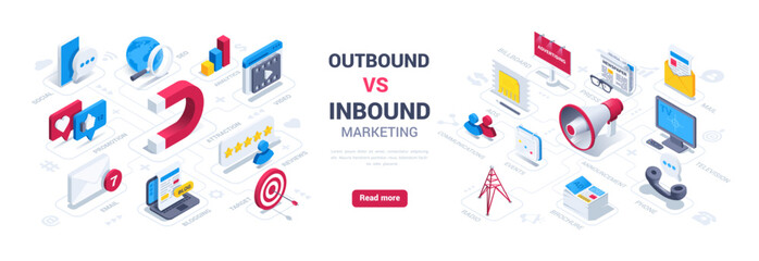 isometric vector illustration isolated on white background, outbound vs inbound marketing landing page, loudspeaker and magnet icons next to other icons