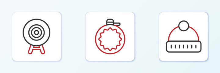 Set line Winter hat, Target sport and Canteen water bottle icon. Vector