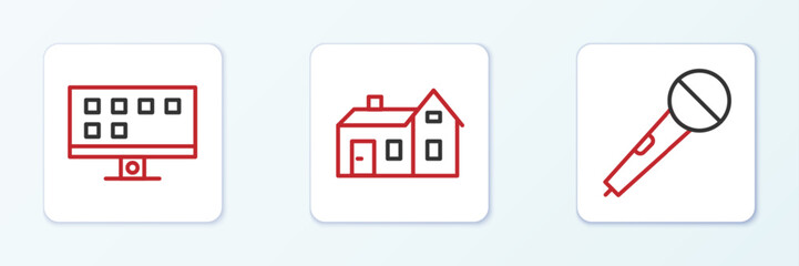 Set line Microphone, Smart Tv and House icon. Vector