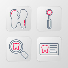 Set line Dental card, search, inspection mirror and Broken tooth icon. Vector