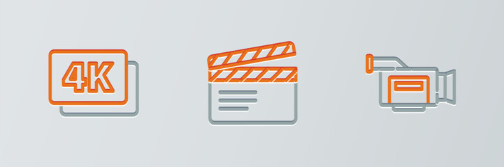 Set line Cinema camera, 4k Ultra HD and Movie clapper icon. Vector