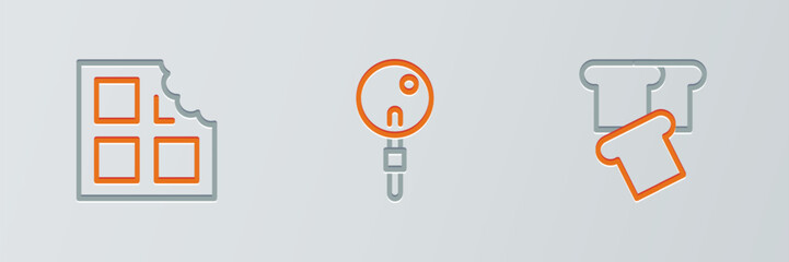 Set line Bread toast, Chocolate bar and Lollipop icon. Vector