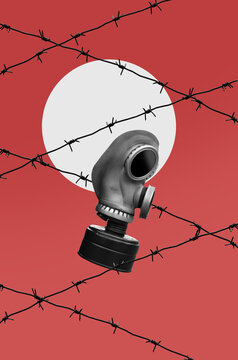 Collage Art With Gasmask And Barbed Wire On Red Background
