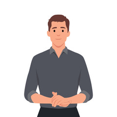 Young man standing with holding his hands in front of his stomach. Smiling man