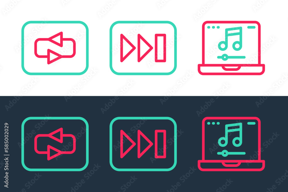 Poster set line laptop with music, repeat button and fast forward icon. vector