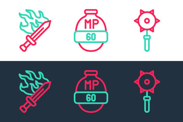 Set line Medieval chained mace ball, Sword for game and Video bar icon. Vector
