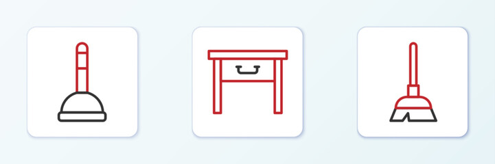 Set line Handle broom, Rubber plunger and Furniture nightstand icon. Vector