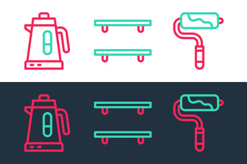 Set line Paint roller brush, Electric kettle and Empty wooden shelves icon. Vector