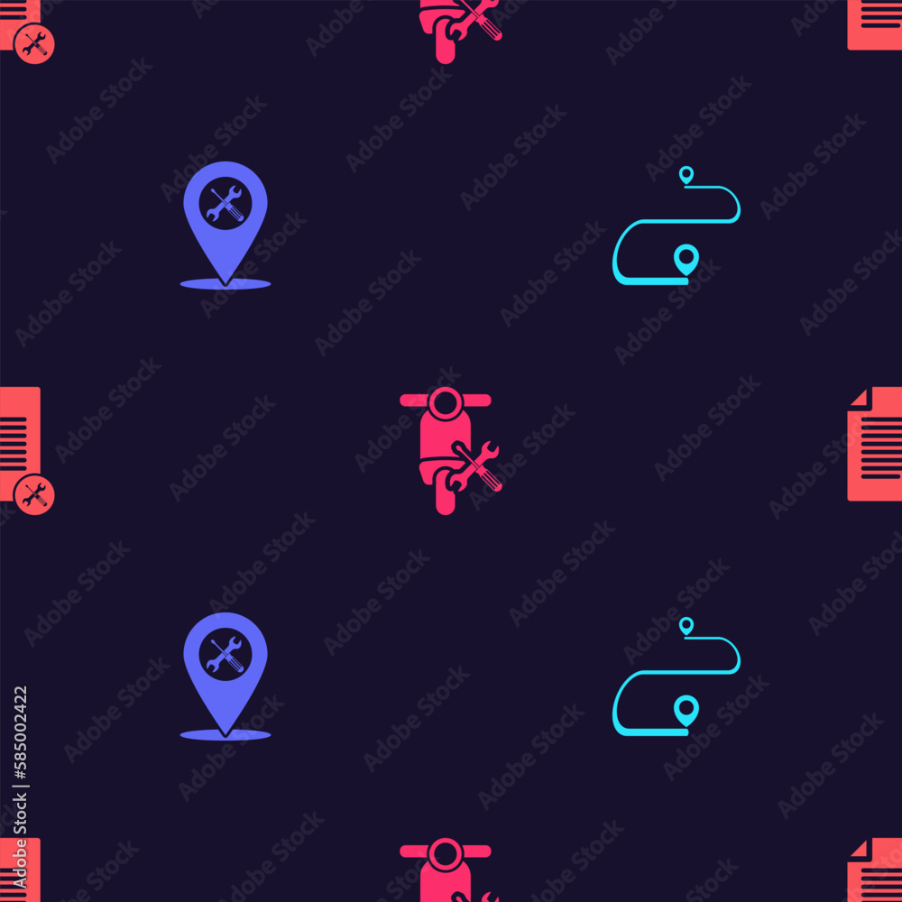 Poster set route location, location service, scooter and file document on seamless pattern. vector