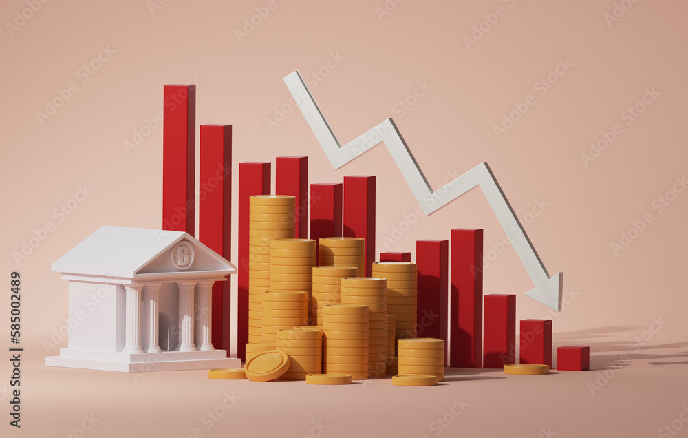 Poster arrow chart white arrows pointing down stacks of coins falling with decreasing bar graph bank