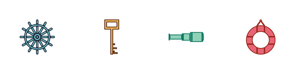 Set Ship steering wheel, Pirate key, Spyglass telescope lens and Lifebuoy icon. Vector © vector_v