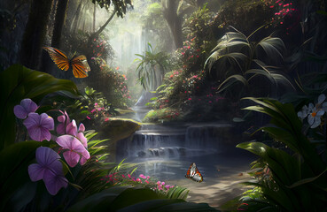 Beautiful nature scene of forest, butterflies in a natural jungle environment landscape, colorful yet calm art with waterfall and wilderness - AI Generated