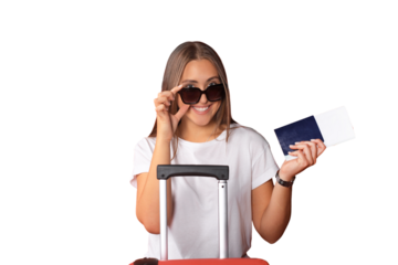 Young tourist girl in summer casual clothes, with sunglasses, red suitcase, passport isolated on red background.