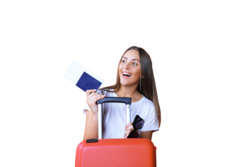 Young tourist girl in summer casual clothes, with sunglasses, red suitcase, passport isolated on red background.