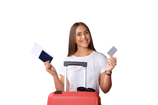 Tourist girl in summer showing plastic credit card, with sunglasses, red suitcase, passport isolated on red background.
