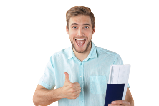 Young man isolated over yellow background holding passport pointing